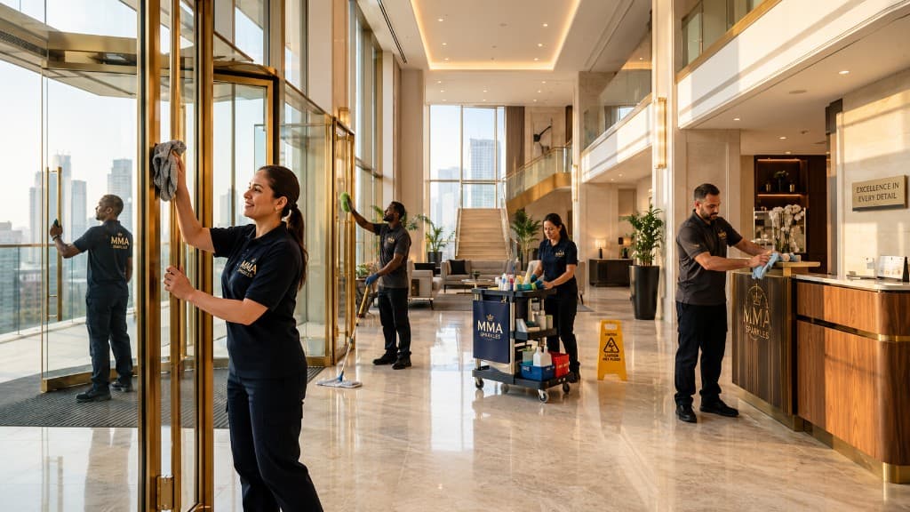 MMA Sparkles team in navy uniforms cleaning a bright luxury lobby with marble floors and city views